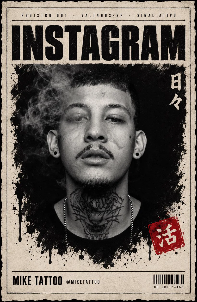 Card do Instagram: retrato do Mike em preto e branco sobre papel, com o selo 活
